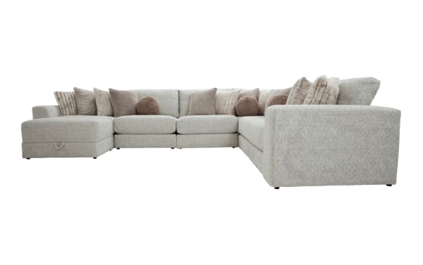 Posh Beige 7-piece modular sectional sofa with plush polyester fabric upholstery, gel-infused memory foam cushions, 15 accent pillows, and storage ottoman. Transitional style, 172-inch length, includes 3 armless chairs, corner, left and right arm facing chairs.