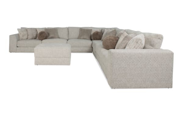 Posh Beige 172'' 8-piece modular sectional with beige polyester fabric upholstery, transitional style, includes 4 armless chairs, corner, left and right arm chairs, storage ottoman, and 18 accent pillows for versatile living room comfort.