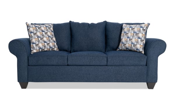 Kylie Navy 92'' transitional sofa with plush polyester fabric upholstery, roll arms, memory foam cushions, and patterned accent pillows.