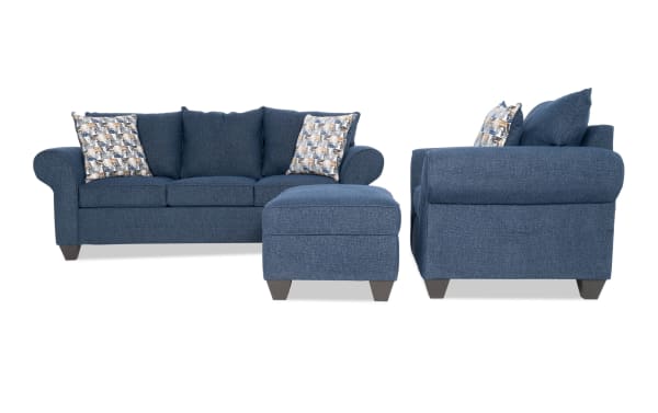 Kylie Navy 92'' transitional sofa set with chair and storage ottoman, navy polyester fabric, Bob-O-Pedic memory foam cushions, rolled arms, and accent pillows.