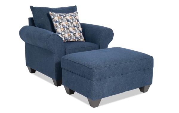 Kylie Navy Chair & Storage Ottoman set in blue polyester fabric, transitional style with rolled arms, memory foam seating, and hidden ottoman storage.