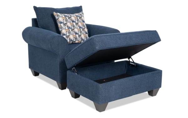 Kylie Navy Chair & Storage Ottoman in blue polyester fabric with roll arms, Bob-O-Pedic memory foam, transitional style, and hidden ottoman storage.