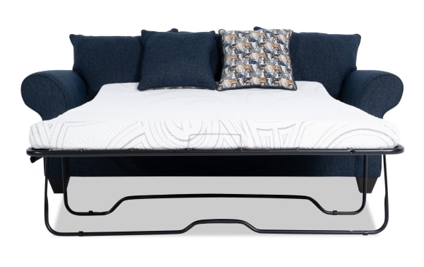 Kylie Navy 92'' transitional sleeper sofa in blue polyester fabric with rolled arms, accent pillows, and a queen-size pull-out bed featuring a cooling gel memory foam mattress.