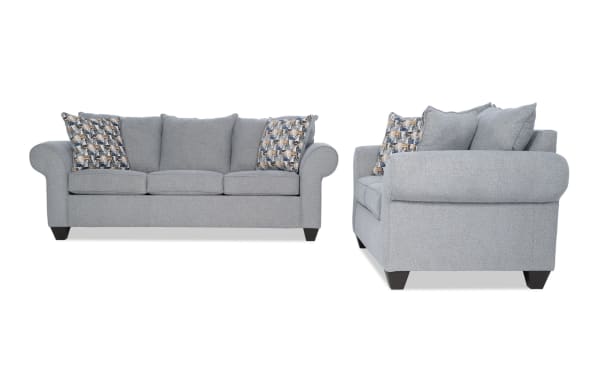 Kylie Gray 92'' Sofa & 70'' Loveseat set in gray polyester fabric, transitional style with rolled arms, memory foam cushions, no-sag springs, and patterned accent pillows.