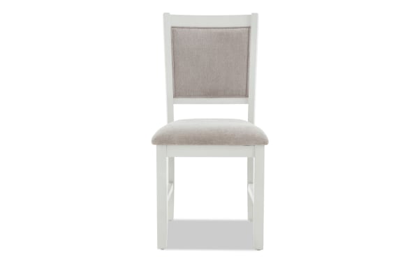 London White & Beige Panel Back Upholstered Dining Chair with beige polyester fabric seat and back, white MDF frame, contemporary style from London Dining collection.