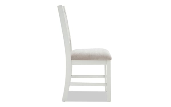 London White & Beige Panel Back Upholstered Dining Chair with beige polyester fabric seat, white MDF frame, and contemporary panel back design from London Dining collection.