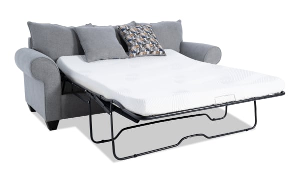Kylie Gray 92'' transitional sleeper sofa with gray polyester fabric upholstery, rolled arms, accent pillows, and queen gel memory foam mattress.