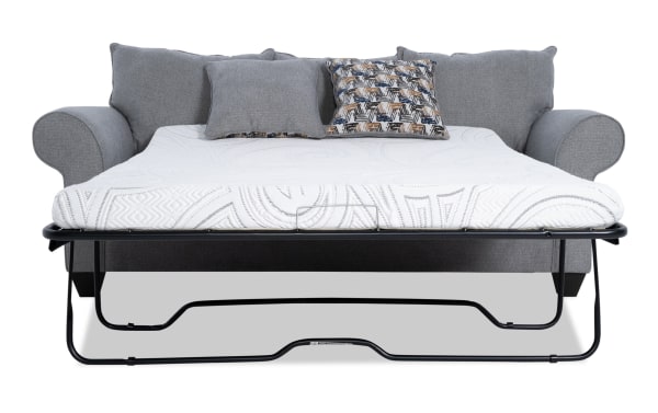 Kylie Gray 92'' transitional sleeper sofa in gray polyester fabric with rolled arms, accent pillows, and queen-size cooling gel memory foam mattress.