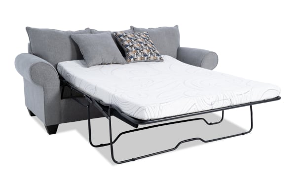 Kylie Gray 92'' transitional sleeper sofa in gray polyester fabric with rolled arms, accent pillows, and a queen-size pull-out bed featuring a cooling gel memory foam mattress.