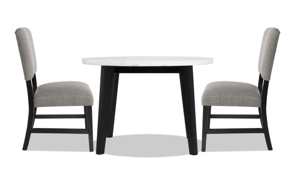 Elm 3 Piece Espresso, Marble & Light Gray Upholstered Round Dining Set with marble tabletop, espresso wood legs, and plush light gray polyester fabric chairs.