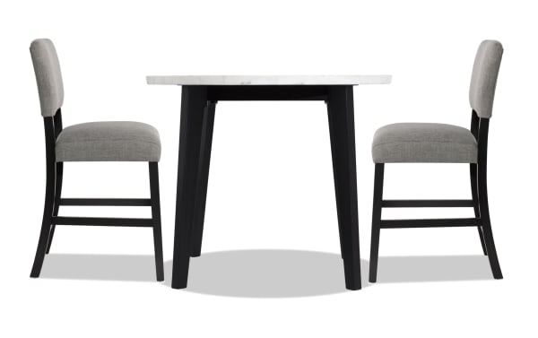 Elm 3 Piece Espresso, Marble & Light Gray Upholstered Round Counter Height Dining Set with marble tabletop, espresso MDF legs, and plush light gray polyester fabric seats.