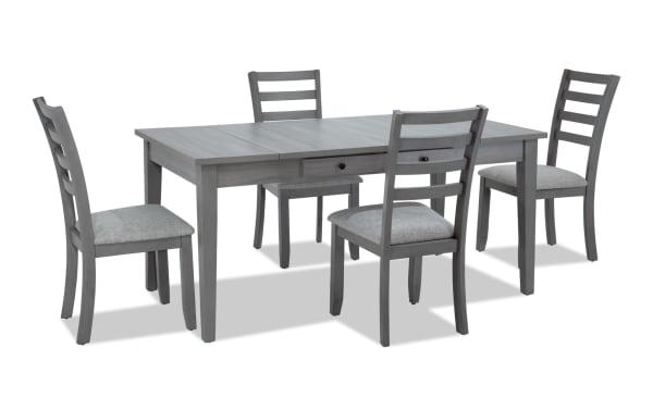 Homeworks 5 Piece Gray Dining Set with transitional style, includes a melamine-finished lift-top storage table and four gray fabric-upholstered ladder back chairs with memory foam seats.
