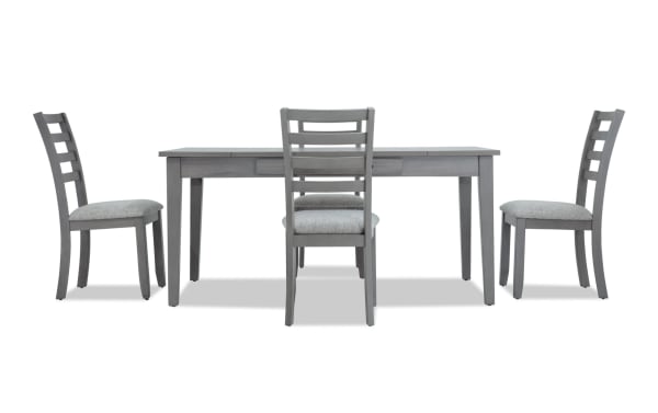 Homeworks 5 Piece Gray Dining Set with transitional style, featuring a melamine and rubberwood table with lift-top storage, felt-lined drawers, and four gray fabric-upholstered ladder-back chairs with memory foam seats.