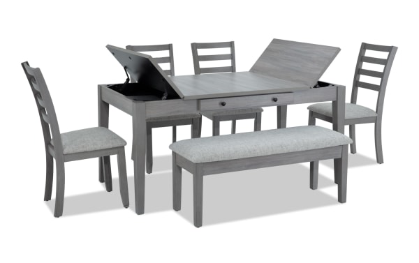 Homeworks 6 Piece Gray Dining Set with storage bench, lift-top table with felt-lined drawers, rubberwood frame, melamine finish, fabric-upholstered ladder-back chairs, transitional style.