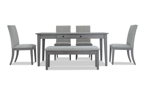 Homeworks 6 Piece Gray Upholstered Dining Set with storage bench, four fabric polyester chairs, rubberwood frame, melamine tabletop, transitional style.
