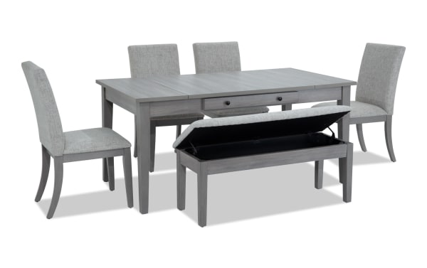 Homeworks 6 Piece Gray Upholstered Dining Set with Storage Bench, transitional style with melamine, MDF, rubberwood, and polyester fabric. Features lift-top storage bench, felt-lined drawers, and four cushioned chairs with memory foam.