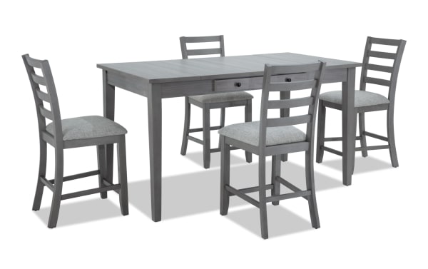 Homeworks 5 Piece Gray Counter Height Dining Set with lift-top storage table, felt-lined drawers, rubberwood frame, melamine finish, and fabric-upholstered ladder back stools with memory foam seats.