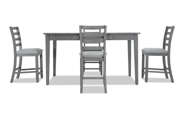 Homeworks 5 Piece Gray Counter Height Dining Set with transitional style, melamine and rubberwood frame, lift-top storage table, and four ladder-back stools with polyester fabric seats.