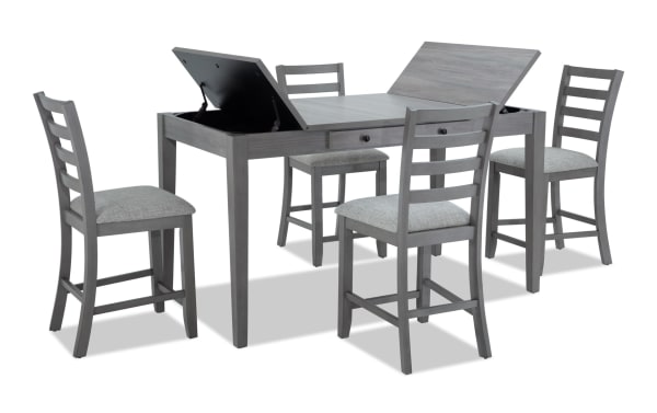 Homeworks 5 Piece Gray Counter Height Dining Set with lift-top storage table, felt-lined drawers, rubberwood frame, melamine finish, and cushioned ladder-back stools.