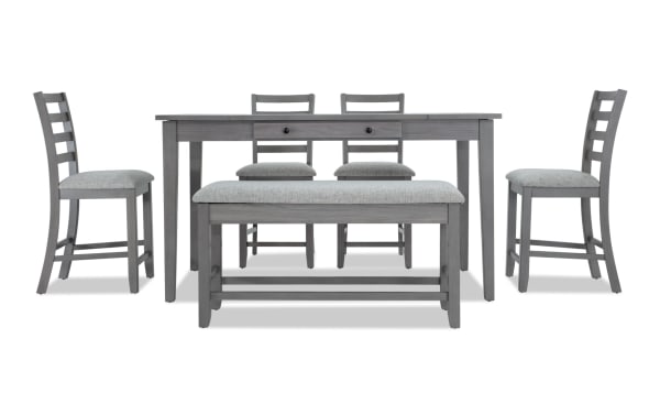 Homeworks 6 Piece Gray Counter Height Dining Set with storage bench, four ladder back stools, melamine and rubberwood frame, polyester fabric upholstery, transitional style.