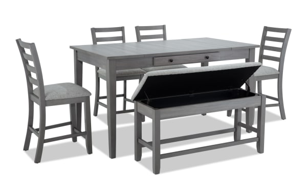 Homeworks 6 Piece Gray Counter Height Dining Set with storage bench, lift-top table, felt-lined drawers, ladder back stools, and memory foam seats in transitional style.