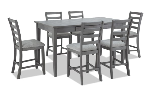 Homeworks 7 Piece Gray Counter Height Dining Set with melamine top, rubberwood frame, six ladder-back stools with polyester fabric cushions, and storage drawers.