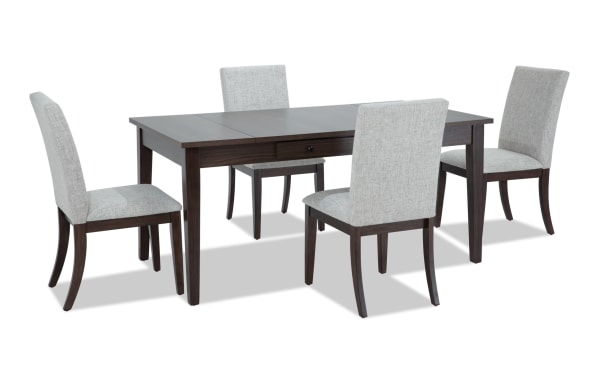 Homeworks 5 Piece Dark Brown & Gray Upholstered Dining Set with lift-top storage table, felt-lined drawers, and gray polyester fabric chairs in transitional style.