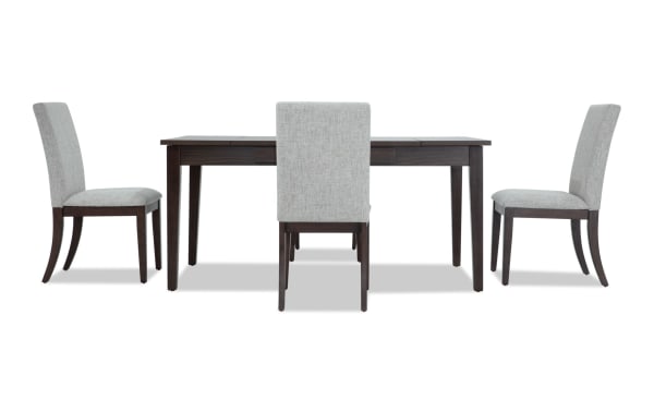 Homeworks 5 Piece Dark Brown & Gray Upholstered Dining Set with lift-top storage table, felt-lined drawers, and gray polyester fabric chairs in transitional style.