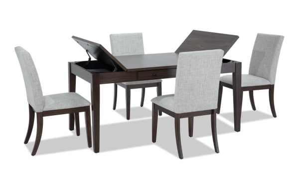Homeworks 5 Piece Dark Brown & Gray Upholstered Dining Set with lift-top storage table, felt-lined drawers, rubberwood frame, melamine finish, and gray polyester fabric chairs with memory foam cushions in transitional style.