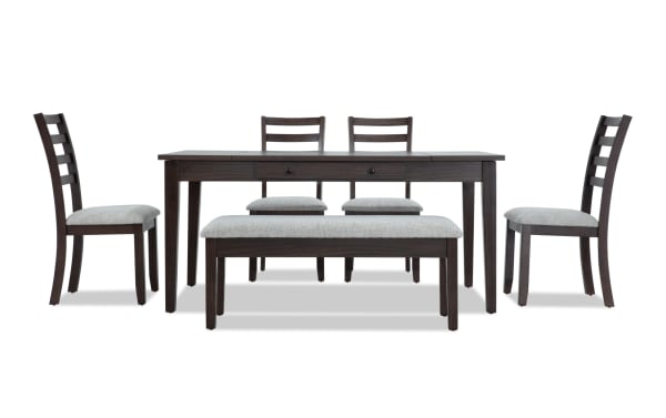 Homeworks 6 Piece Dark Brown & Gray Transitional Dining Set with storage bench, ladder back chairs, melamine table, polyester upholstery, and memory foam seats.
