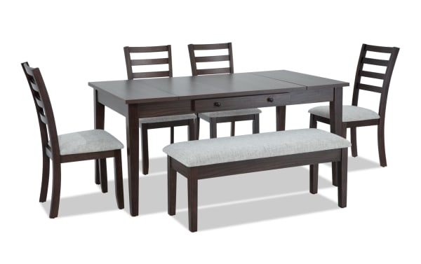 Homeworks 6 Piece Dark Brown & Gray Dining Set with storage bench, four ladder-back chairs, and lift-top table with felt-lined drawers.
