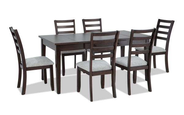 Homeworks 7 Piece Dark Brown & Gray Dining Set with transitional style, melamine top lift storage table, six gray fabric-upholstered ladder-back chairs with memory foam seats.