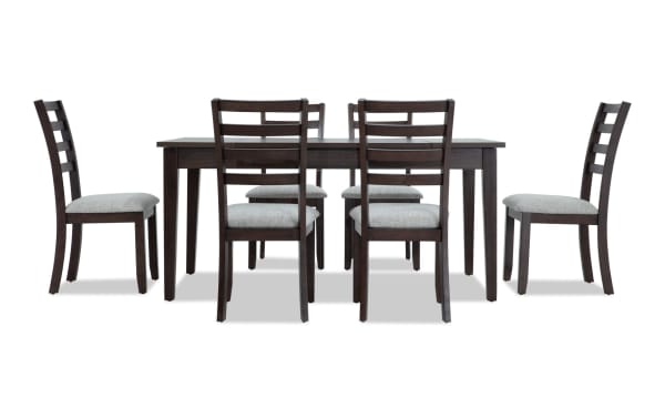 Homeworks 7 Piece Dark Brown & Gray Dining Set with transitional style, featuring a melamine and rubberwood lift-top table with storage and six gray fabric-upholstered ladder-back chairs with memory foam seats.
