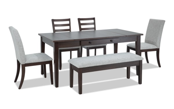 Homeworks 6 Piece Dark Brown & Gray Upholstered Dining Set with storage bench, featuring melamine and rubberwood frame, transitional style, polyester fabric upholstery, and memory foam seating.
