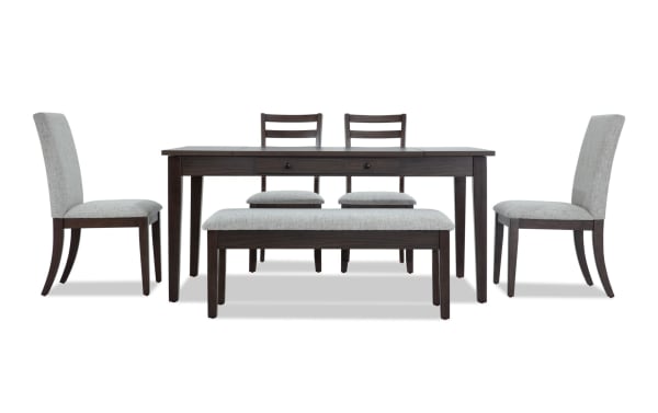 Homeworks 6 Piece Dark Brown & Gray Upholstered Dining Set with storage bench, featuring rubberwood frame, gray polyester fabric, lift-top table storage, felt-lined drawers, and memory foam seating in transitional style.