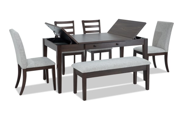 Homeworks 6 Piece Dark Brown & Gray Upholstered Dining Set with storage bench, lift-top table, felt-lined drawers, rubberwood frame, polyester fabric upholstery, transitional style.