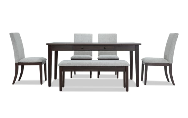 Homeworks 6 Piece Dark Brown & Gray Upholstered Dining Set with storage bench, four gray fabric chairs, transitional style, rubberwood frame, melamine table with lift-top storage and felt-lined drawers.