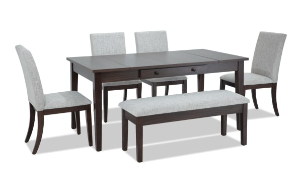 Homeworks 6 Piece Dark Brown & Gray Upholstered Dining Set with storage bench, four fabric polyester chairs, transitional style, rubberwood frame, melamine finish, felt-lined drawers, and lift-top table storage.