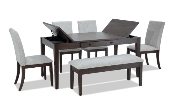 Homeworks 6 Piece Dark Brown & Gray Upholstered Dining Set with storage bench, featuring lift-top storage table, felt-lined drawers, polyester fabric chairs, and memory foam cushions in a transitional style.