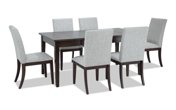 Homeworks 7 Piece Dark Brown & Gray Upholstered Dining Set with transitional style, melamine tabletop, rubberwood frame, lift-top storage, and six gray polyester fabric chairs with memory foam.