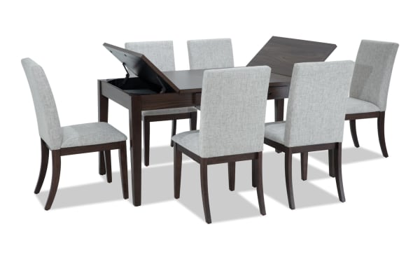 Homeworks 7 Piece Dark Brown & Gray Upholstered Dining Set with lift-top storage table, six gray polyester fabric chairs, transitional style, rubberwood frame.