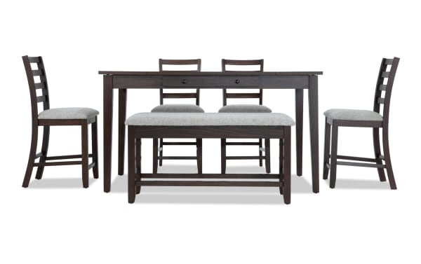 Homeworks 6 Piece Dark Brown & Gray Counter Height Dining Set with storage bench, ladder back stools, melamine finish, polyester upholstery, transitional style.