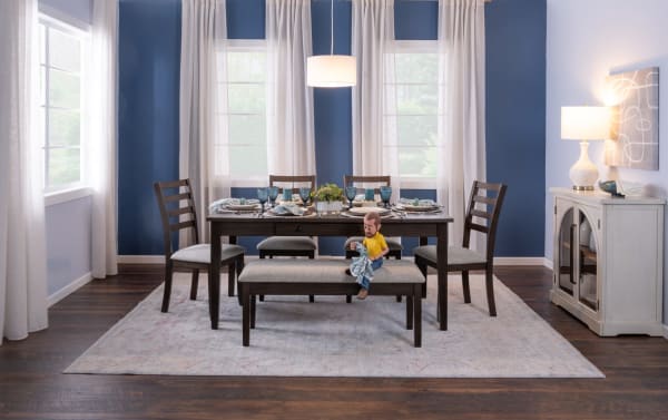 Homeworks 6 Piece Dark Brown & Gray Counter Height Dining Set with storage bench, ladder back stools, fabric upholstery, melamine finish, transitional style.