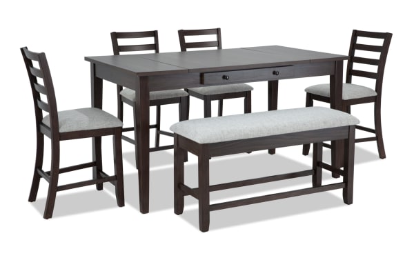 Homeworks 6 Piece Dark Brown & Gray Counter Height Dining Set with storage bench, four ladder-back stools, and memory foam seats in transitional style.