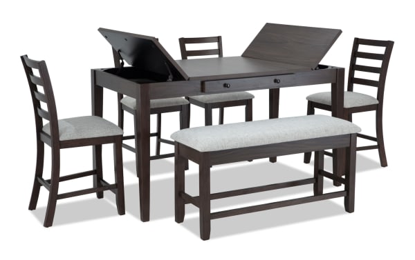 Homeworks 6 Piece Dark Brown & Gray Counter Height Dining Set with lift-top storage table, felt-lined drawers, fabric-upholstered bench, and four ladder-back stools.