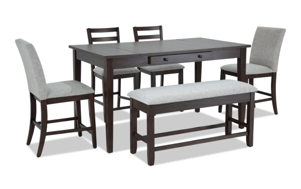 Homeworks 6 Piece Dark Brown & Gray Upholstered Counter Height Dining Set with storage bench, melamine and rubberwood frame, transitional style, gray polyester fabric upholstery.