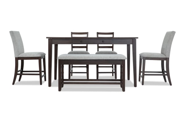 Homeworks 6 Piece Dark Brown & Gray Upholstered Counter Height Dining Set with storage bench, featuring melamine and rubberwood frame, gray polyester fabric, transitional style, lift-top storage table, felt-lined drawers, memory foam seating.