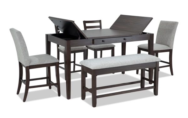 Homeworks 6 Piece Dark Brown & Gray Upholstered Counter Height Dining Set with lift-top storage, felt-lined drawers, rubberwood frame, and memory foam seating.