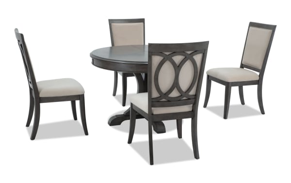 Coco II 5 Piece Gray & Beige Upholstered Oval Dining Set with Asian hardwood, cherry veneers, beige polyester fabric, and contemporary oval table with four upholstered side chairs.