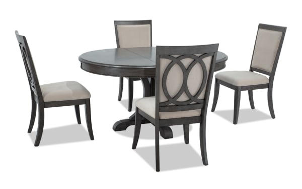 Coco II 5 Piece Gray & Beige Upholstered Oval Dining Set with Asian hardwood, cherry veneers, and beige polyester fabric chairs in contemporary style.